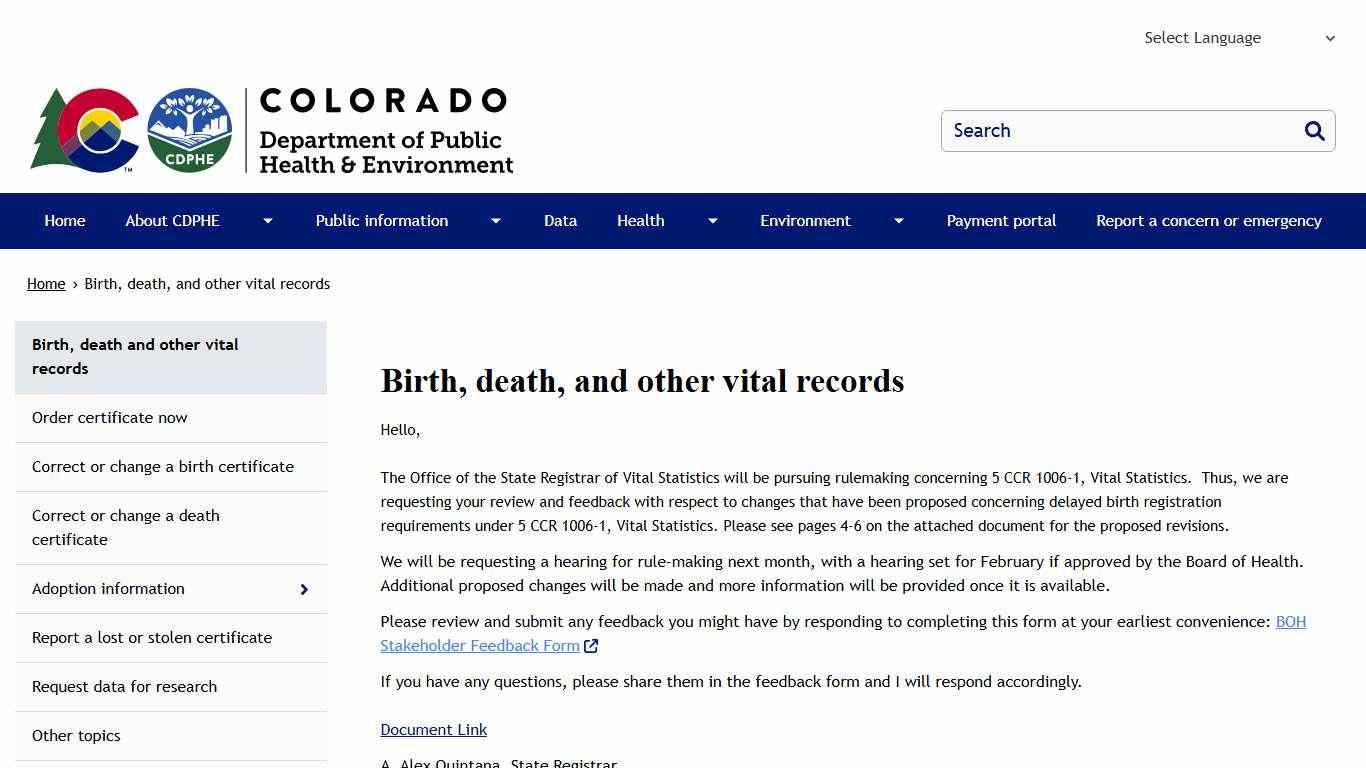 Birth, death, and other vital records | Colorado Department of Public Health and Environment